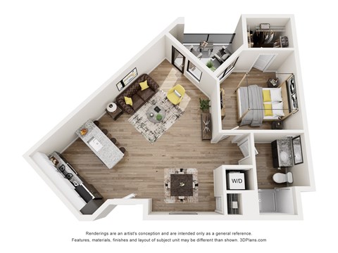 A 3D floor plan of a small apartment with a kitchen, living room, and bedroom.